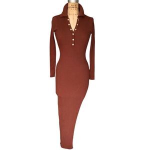 Brown Ribbed Knit Dress with Gold Snap Buttons Size S